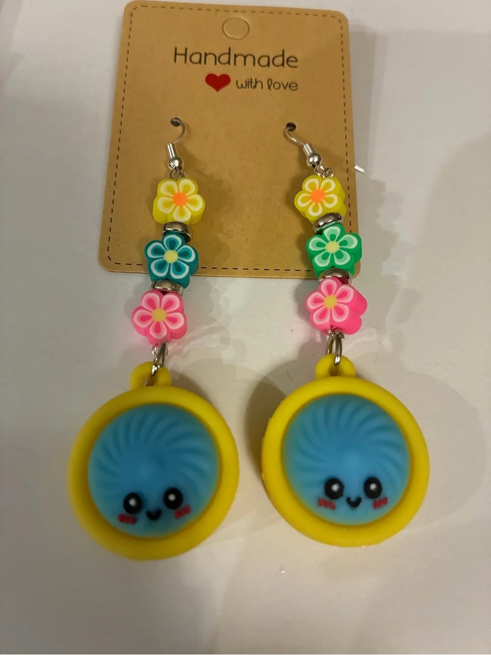 Handmade Yellow & Blue steam buns Smiley Dangle Earrings - Cute Flower Beads